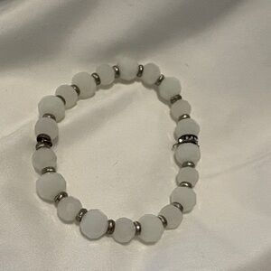 White Beaded Stretch Bracelet with Silver Accents